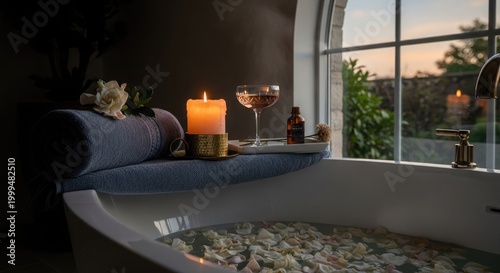 Relaxing bath with rose petals, candle, and a glass of wine