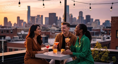 Friends enjoying cocktails on a rooftop bar at sunset
