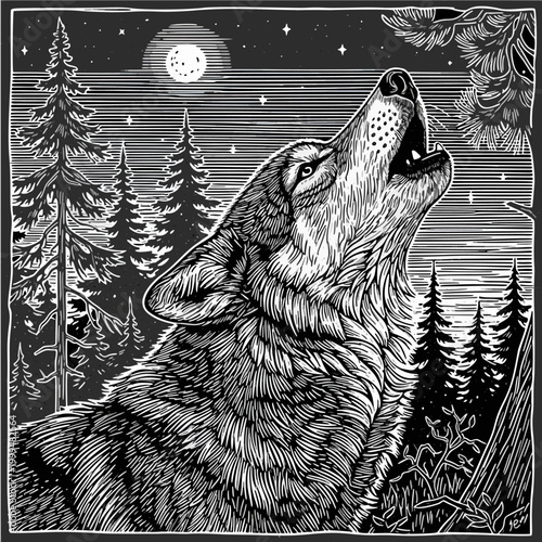 Wolf Howling at the Moon Engraving. Dramatic woodcut illustration of a wolf profile howling in a nocturnal forest under a full moon and starry sky.