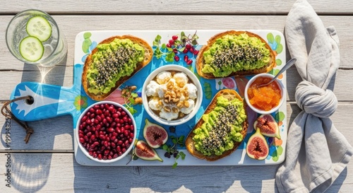 Avocado toast breakfast platter with pomegranate, figs and yogurt
