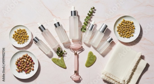 Skincare products with natural ingredients and facial tools