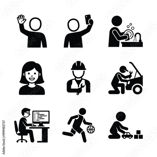 Diverse Human Activity and Occupation Vector Icon Set Illustrating Everyday Life, Professional Roles, Hobbies, and Common Social Interactions
