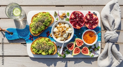 Healthy breakfast board with avocado toast, yogurt, and fruit