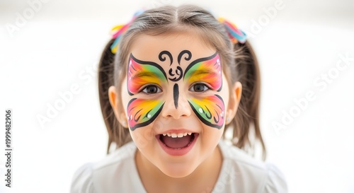 Joyful Young Girl with Colorful Butterfly Face Paint Smiling Happily.