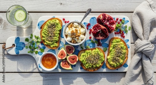 Healthy breakfast board with avocado toast, figs, and pomegranate
