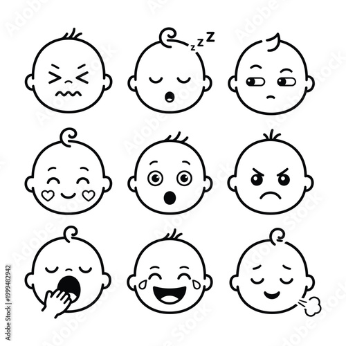 A collection of nine emotive baby faces with different expressions are shown in a grid.