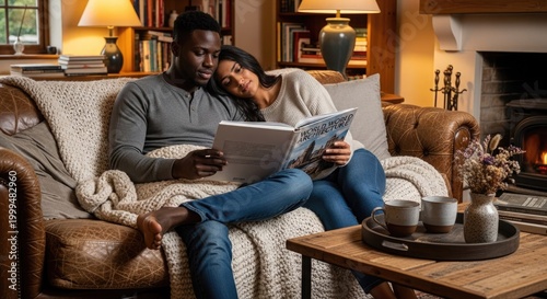 Couple relaxing on a cozy couch reading a book together
