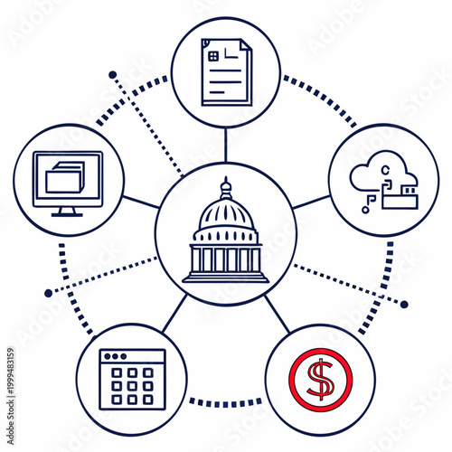 Government building connected to computer money cloud and calculator