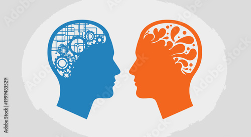 Fotografia Two stylized human heads with brains shown in profile view side by side