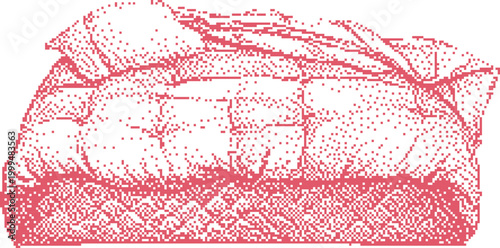 Unmade bed with rumpled duvet and pillows during morning light