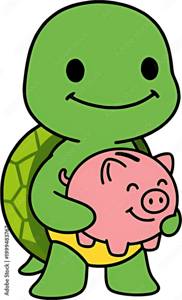 Obraz premium Cartoon Cute Boy Sea Turtle Holding Piggy Bank Saving Money Concept. Business Finance Vector Illustration.