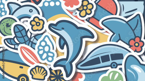 Colorful collection of marine life and travel themed stickers scattered randomly