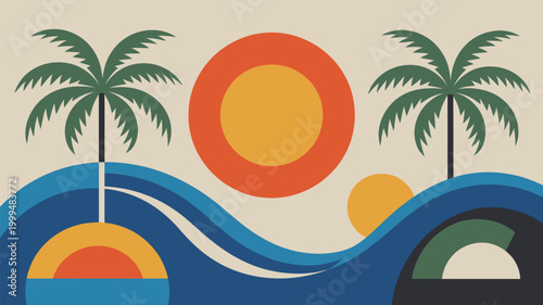 Stylized tropical scene featuring palm trees waves and a vibrant sun