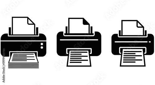 Obraz na płótnie Three black and white icons of a printer with paper loaded and printing document