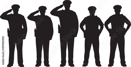 Five police officers in silhouette form, standing at attention and saluting, representing law enforcement, order, and service with a sense of unity and discipline.