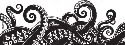 Tentacles of a kraken or giant squid emerging from dark wavy water, creating a mysterious and powerful underwater scene, evoking deep sea exploration and mythology.