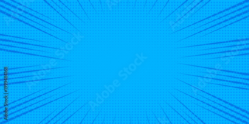 Comic background with blue halftone dots and radial speed motion lines. Vector speed effect for anime posters, stickers, covers, and dynamic graphic designs.