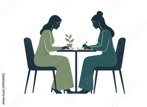 Therapist taking notes during a counseling session. Minimalist flat design vector illustration with earthy colors. Mental health and psychology concept isolated on transparent background