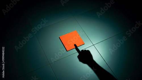 Shadow Hand Pointing at Orange Square on Tiled Surface