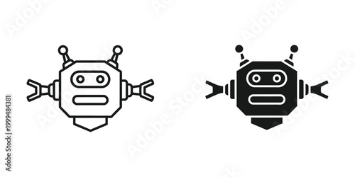Simple robot icon in black and white with a friendly face and antennas