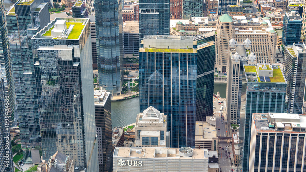 Fototapeta premium Chicago, IL - July 24, 2024: Aerial view of Chicago skyline. Skyscrapers and city landmarks