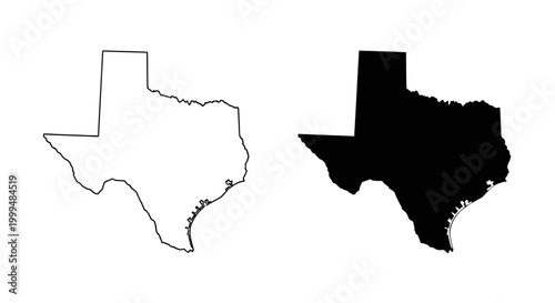 Clear vector illustration depicting the distinct geographical outline and solid black silhouette of the state of Texas, ideal for educational, design, and informational projects