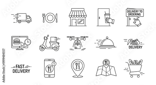 Streamlined Food Delivery Service Icons From Order to Table, Featuring Trucks, Drones, and Scooters for Efficient Logistics and Customer Convenience