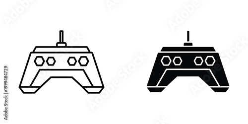 Simple black and white line drawing of a remote control with buttons and antenna