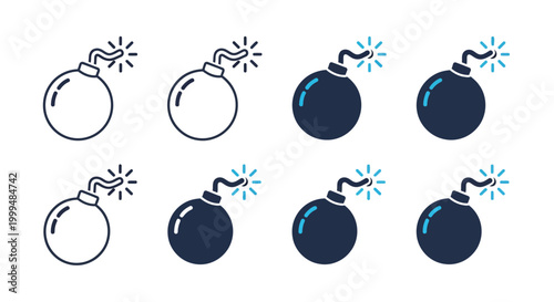 Set of bomb icons in outline and filled styles, depicting a circular bomb with a lit fuse, suitable for various design projects and applications