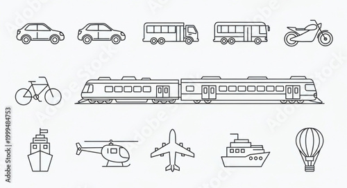Collection of hand-drawn transportation vehicles and modes of travel.