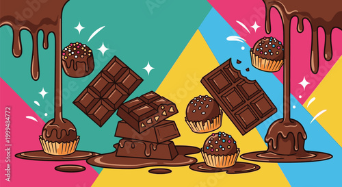 Chocolate cupcakes and bars melting on colorful background with sweet treats