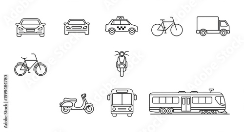 Collection of hand-drawn transportation icons on white background.