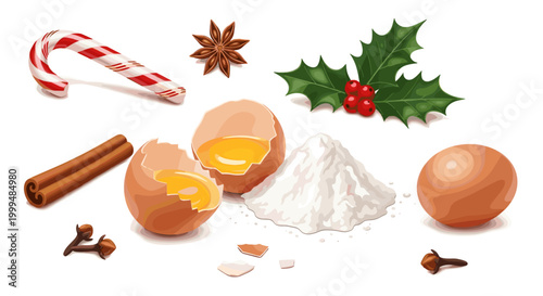 Festive Christmas baking ingredients arranged with eggs, flour, candy cane, cinnamon, and holly on white background