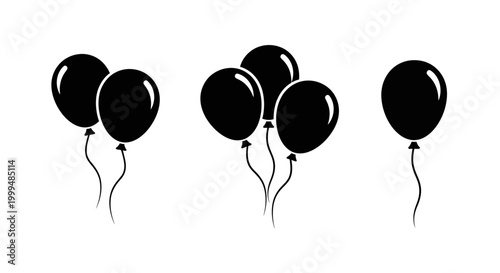 Versatile set of black balloons as simple graphic elements, perfect for enhancing party decorations, celebration event invitations, or festive design projects with a sleek and modern visual impact