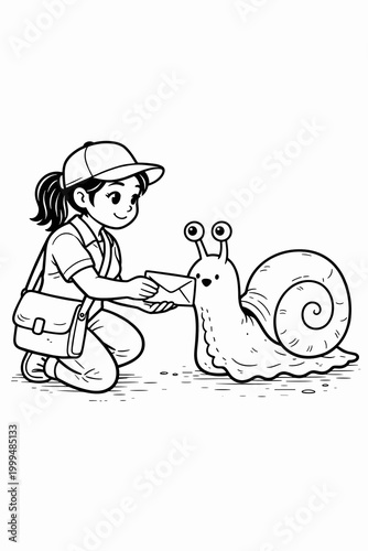 girl delivering letter to a giant snail in a playful setting