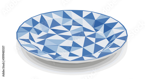 Stylish blue and white ceramic plate with geometric patterns on a white background, showcasing modern design and artistry