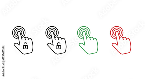 Set of touch screen icons showing hand cursor interacting with unlock and lock symbols in various colors