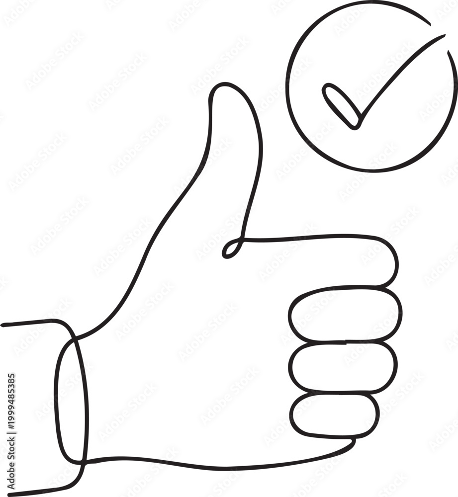 Obraz premium Hand drawn thumb up gesture appearing with an animated check mark icon in this clean line art style motion graphic video element created for modern digital user interface design projects