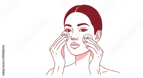Illustration of a woman gently removing makeup with cotton pads, minimalistic line art style, red and white color palette, calm expression, white background