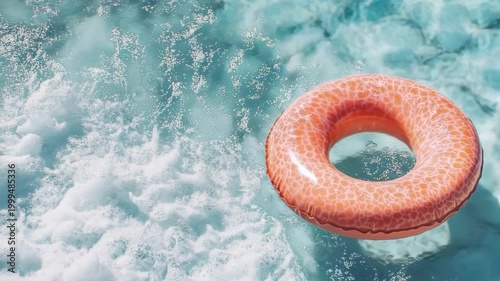 An orange inflatable ring floats peacefully in clear blue water. White foam gently ripples on the left, suggesting movement.