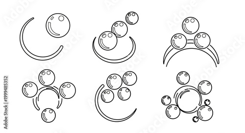 Set of abstract geometric vector line art designs featuring minimalist spheres and curved lines, depicting scientific elements or molecular structures for modern graphic projects