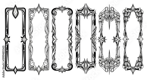 Ornate vector frames set featuring intricate vintage, gothic, and fantasy designs. Elegant decorative borders for sophisticated graphic embellishments