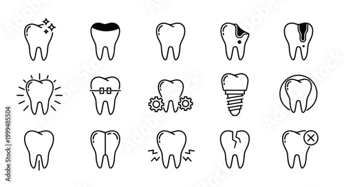 Vector outline icons for dental health and oral care. Illustrates diverse tooth conditions healthy, cavity, pain, braces, implants, crowns, symbolizing dentistry and hygiene