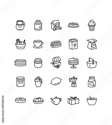 série de pictogrammes isométriques au trait sur le thème de la pâtisserie, salon de thé, café, pastry, cup of tea, cuisine, cooking, ingredient, vecteur, illustration, icônes, collection, pack