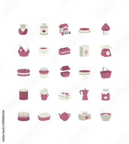 série de pictogrammes isométriques au trait sur le thème de la pâtisserie, salon de thé, café, pastry, cup of tea, cuisine, cooking, ingredient, vecteur, illustration, icônes, collection, pack