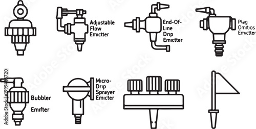 Photos Drip irrigation emitters types for garden watering systems vector icons Vector