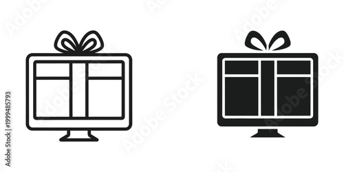 Computer monitor with gift box icon in black and white, simple digital illustration