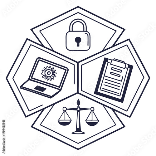 Law security and technology in hexagons padlock