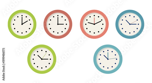 A set of colorful flat design clocks, each showing a different time, embodying the concept of universal time, scheduling, and diverse temporal moments