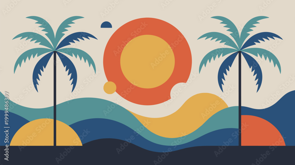 Obraz premium A stylized tropical scene with palm trees sun and abstract waves